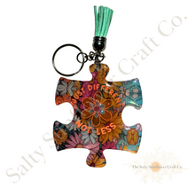 Load image into Gallery viewer, Boho Different Not Less Autism Puzzle Piece Keychain
