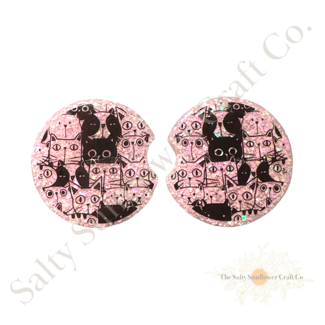 Pink and Black Cat Lovers Car Coasters - Set of 2