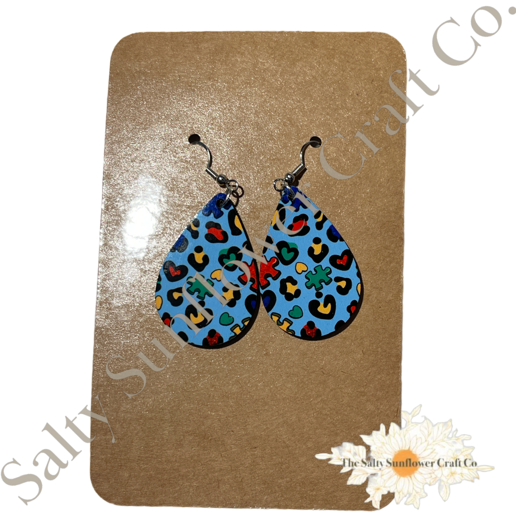 Autism Puzzle Piece Animal Print Earrings - Blue